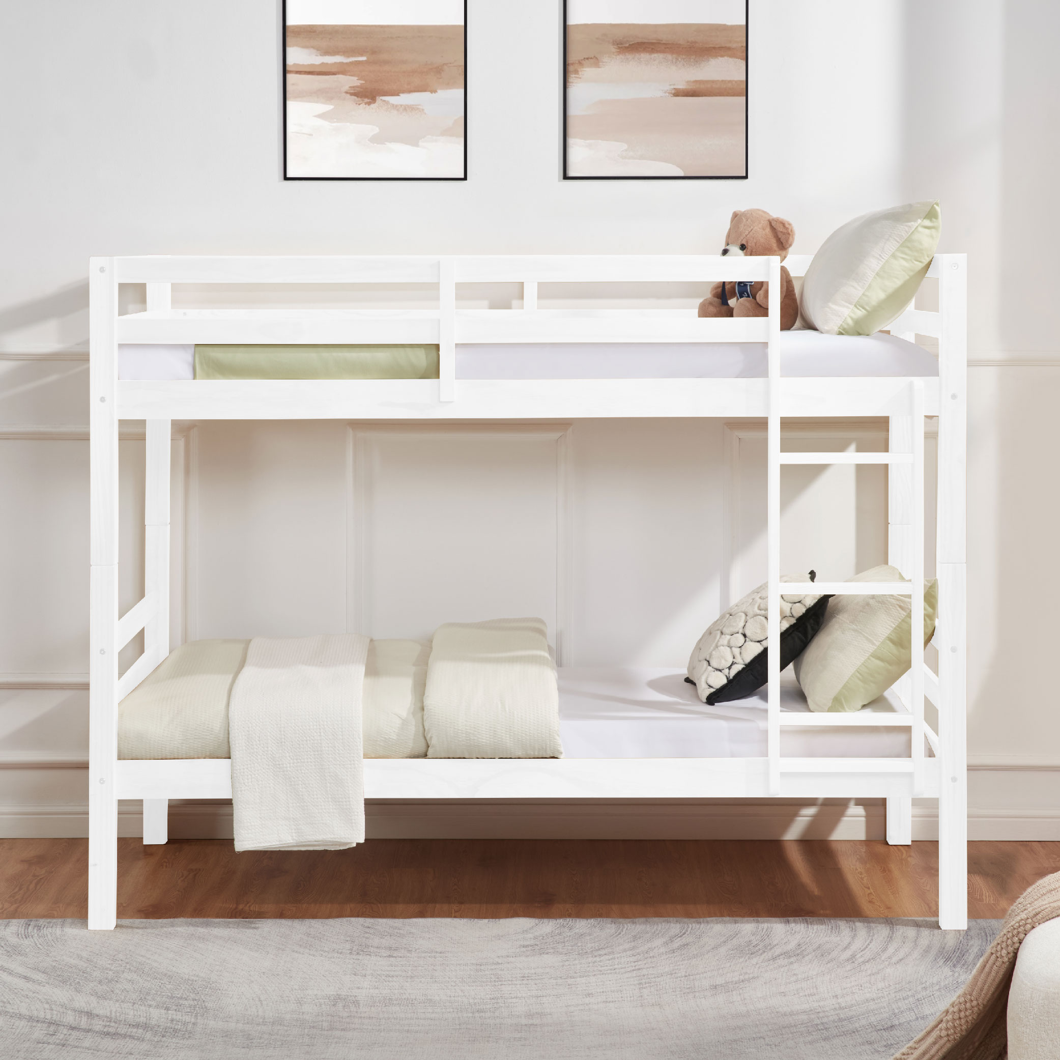 Twin over Twin Bunk Bed with Thick Posts,Wooden Bunk Bed with High Guardrail and Ladder for Kids, Teens, Dorm Rooms, and Guest Rooms,No Box Spring Needed,White Twin over Twin Bunk Bed with Thick Posts,Wooden Bunk Bed with High Guardrail and Ladder for Kids, Teens, Dorm Rooms, and Guest Rooms,No Box Spring Needed,White